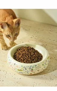 Ceramic pet bowl with hand-painted cat patterns filled with dry food on marble surface