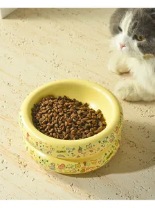 Gros plan d'un bol pour animaux en céramique jaune avec motifs graffiti sur sol