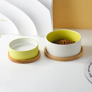 Ceramic pet bowl set with bamboo stand for small dogs and cats, dual-bowl for food and water