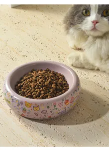 Détail d'un bol pour chat en céramique lavande avec motifs de dessins animés et croquettes