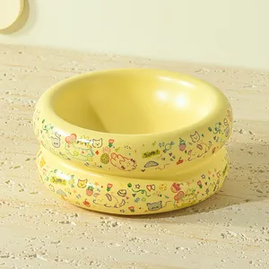 Gamelle pour Animaux en Céramique avec Graffitis de Dessins Animés pour Chats et Petits Chiens Ronde Couleur Macaron pour Nourriture et Eau Plat Mignon pour Chatons