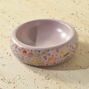 Gamelle pour chat en céramique rose avec graffitis de dessins animés mignons