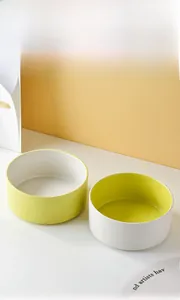 Macro shot of matte ceramic pet bowls in dual-tone yellow and white on a wood stand