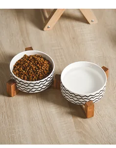 Dual ceramic pet bowls with geometric patterns on a raised dark wood stand for food and water