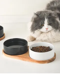 Matte ceramic pet double bowl set with acacia wood stand for cats and dogs