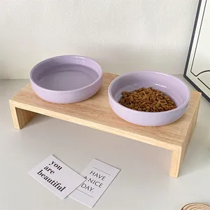 Elevated Ceramic Cat Bowl With Oak Wooden Stand Neck Protection Double Pet Food Water Bowls For Small Dogs Cats Accessory