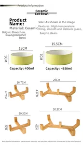 Size chart for ceramic pet bowls with bamboo stands showing dimensions and 400ml/850ml capacity