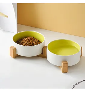Close-up of dual ceramic pet bowls in green and white with a sturdy wooden stand