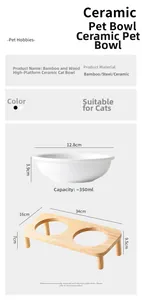 Detail of white ceramic pet bowls with bamboo stand showing dimensions and elevation