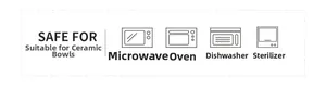 Ceramic pet bowl safety guide showing compatibility with microwave, oven, and dishwasher