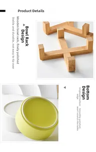 Detail of the X-shaped wooden stand and the non-slip yellow ceramic pet bowl base