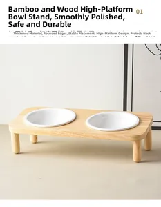 Bamboo pet feeder stand with two white ceramic bowls for elevated neck protection