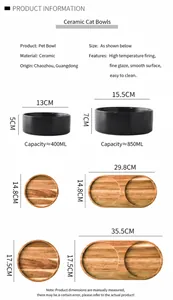 Detailed size specifications for matte ceramic pet bowls with acacia wood stands