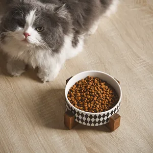 Ceramic pet bowl with checkerboard pattern and wooden stand for cats and dogs
