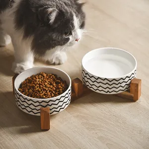 Ceramic pet double bowl set with black wavy pattern on wood stand for cats and dogs