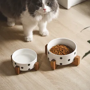 Ceramic cat bowl set with black dots and raised wood stand for neck protection