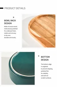Detail of acacia wood stand and green ceramic pet bowl with non-slip unglazed bottom