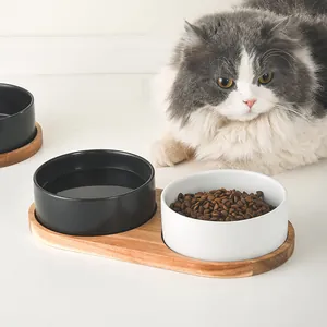 Matte Ceramic Pet Bowl Set With Acacia Wood Tray Elevated Cat Dog Food Water Bowl Neck Protection Anti Slip Feeder