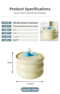 Detailed specs for whale-shaped pet fountain with 800ml capacity and ceramic texture