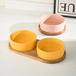 Matte ceramic pet bowl set with acacia wood stand for cats and small dogs