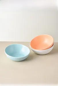 Nahaufnahme von Keramik-Futternäpfen in Blau, Orange und Weiß mit glatter Glasur