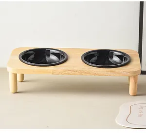 Modern double elevated pet feeder with solid wood stand and two black ceramic bowls