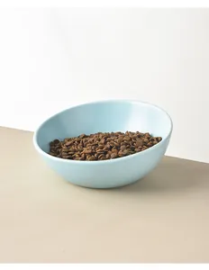Detail eines hellblauen Keramik-Napfes mit ergonomischer Neigung und Trockenfutter