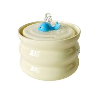 Ceramic automatic pet water fountain with blue whale nozzle and wave texture design