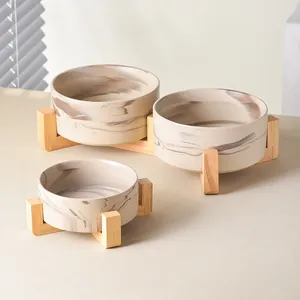 Keramik Haustiernapf Mit Bambusholz Ständer Marmormuster Erhöhter Katzenhundenapf Schutz Der Halswirbelsäule Haustierfutter Wassernapf