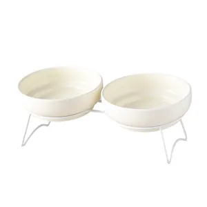 Juego de cuencos dobles de cerámica con soporte metálico blanco para proteger el cuello