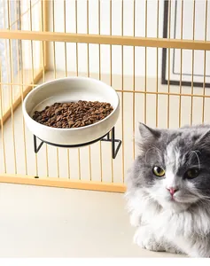 Hanging ceramic pet bowl with black metal bracket for cage feeding cats and small dogs