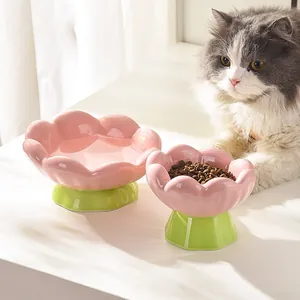 Keramik Tulpe Blume Haustier Napf Hochfüßig Rosa Grün Süße Katze Hund Futter Wasser Napf Langlebig Nackenschutz Dekor