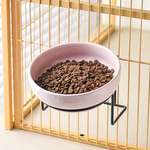 Hanging ceramic pet bowl set with iron rack fixed on wire cage for cats and dogs
