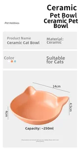 Ceramic cat bowl with ear shape design showing 14cm diameter and 250ml capacity details