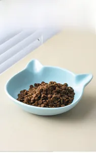 Detail showing the wide opening of a light blue ceramic cat ear bowl with dry pet food