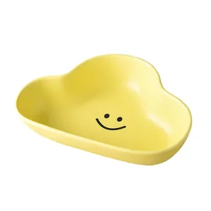 Cloud-shaped ceramic yellow pet bowl with cute smiling face for cats and dogs