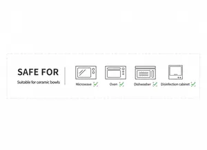 Detail showing ceramic cat bowl safety icons for microwave, oven, dishwasher and sterilizer