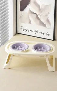 Foldable elevated pet double bowls with slow feeder design for neck protection