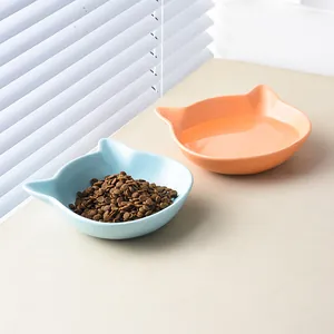 Ceramic tilted cat bowls with ear design for food and water in blue and orange pink