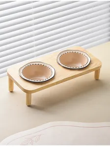 Juego de cuencos dobles de cerámica para mascotas con soporte de madera para gatos y perros