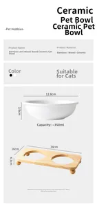 Detailed dimensions of double white ceramic cat bowls with natural bamboo wood stand base