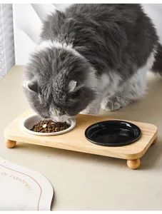 Close-up of wooden pet feeder stand with ceramic bowls and a cat eating food