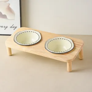 Cuencos dobles de cerámica estilo japonés con soporte de madera para gatos y perros