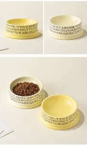 Detail showing the ceramic cat bowl with decorative lettering and thick stable base