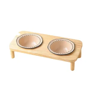 Cuencos dobles de cerámica para gatos con soporte de madera natural para comida y agua