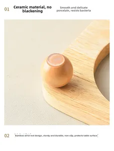 Macro detail of natural bamboo wood frame and smooth black ceramic pet bowl base