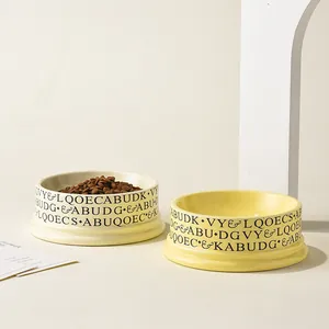 Ceramic pet food bowl set with retro letter print in ginger and cream white colors