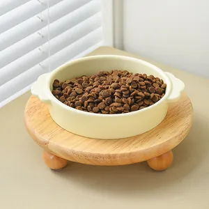 Ceramic Pet Bowl With Elevated Wooden Stand Protective Neck Design Cloud Double Ear Cat Food Water Bowl For Cats Small Dogs