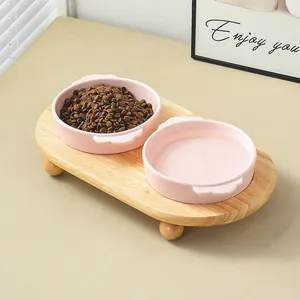 Pink ceramic pet double bowls with wooden stand for cats and small dogs