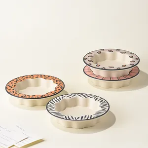 Gamelle en Céramique pour Animaux Bord Festonné Motif Géométrique Léopard Zèbre Distributeur Nourriture Eau Chats Chiens Décoration